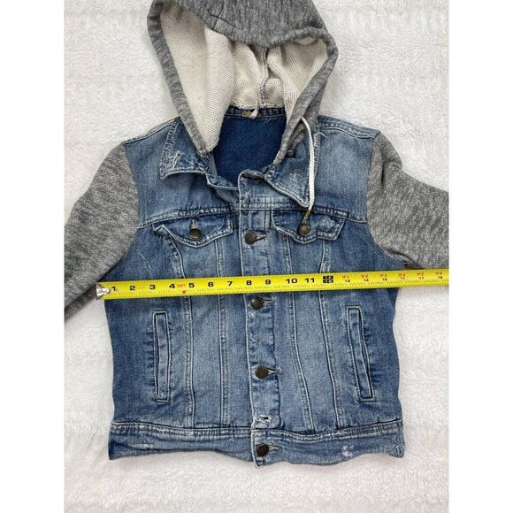 Free People Knit Hooded Denim Jacket XS Long Sleeve Removable Hood Button Up - Picture 9 of 9